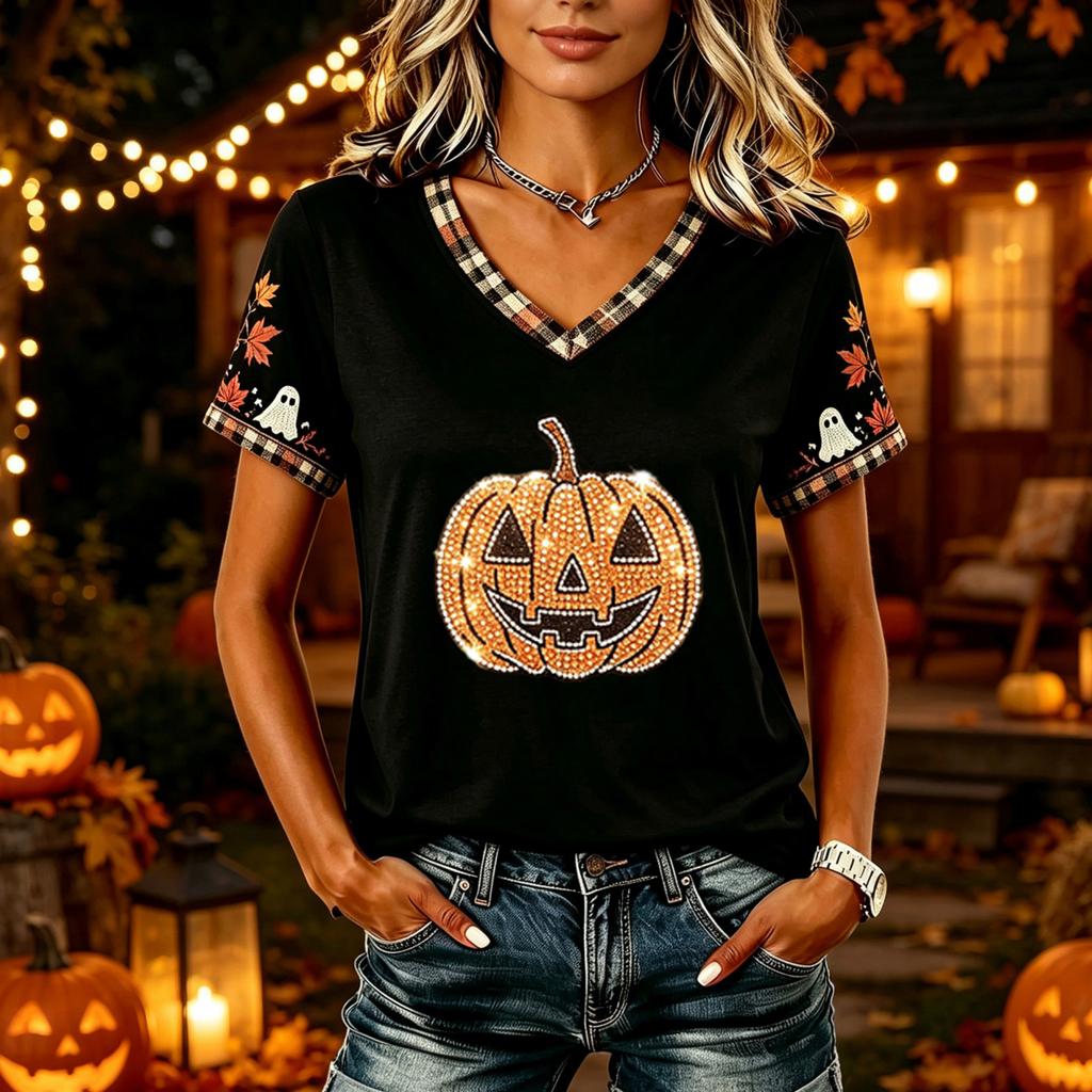 Tricouri Femei Halloween cu Decolteu în V Top cu Dovleac Tricou Casual Top pentru Petrecere de Sărbătoare