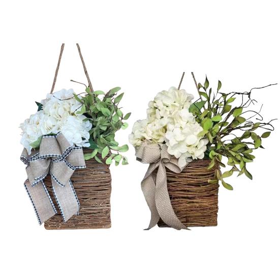 Faux Hydrangea Door Hanger Basket Wreath Spring Summer Artificial Flower in Wicker Basket with Bow Front Door Hanging Flower Basket for Home Farmhouse