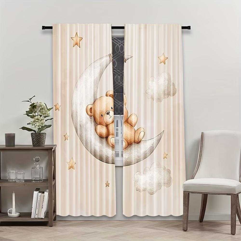 2PCS Digital Printed Curtains, Little Bear Moon Starry Night Cute Kids, Window Curtains for Living Room Bedroom Home Decoration
