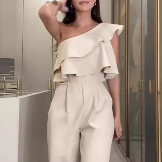 Letni kombinezon damski z falbanką, bez rękawów, z wysokim stanem, szerokimi nogawkami, z jednym ramieniem i skosem