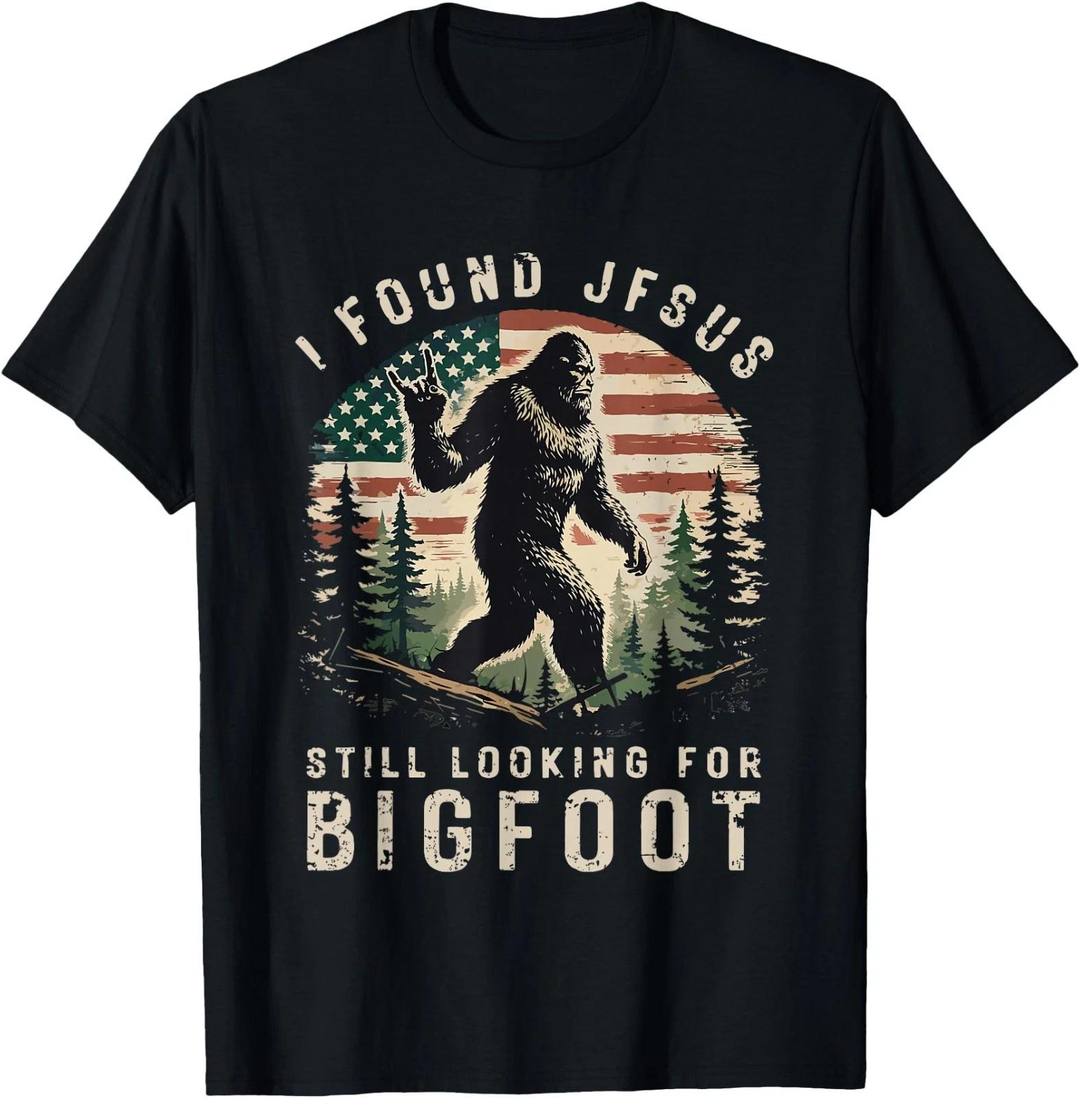 Retro I Found Jesus Still Looking for Bigfoot American Flag T-Shirt XL