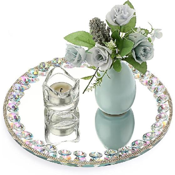 Hipiwe Mirror Glass Vanity Tray Sparkling Crystal Perfume Tray Round Decorative Tray Gorgeous Makeup Organizer Tray Jewelry Trinket Tray for Bathroom 10.6