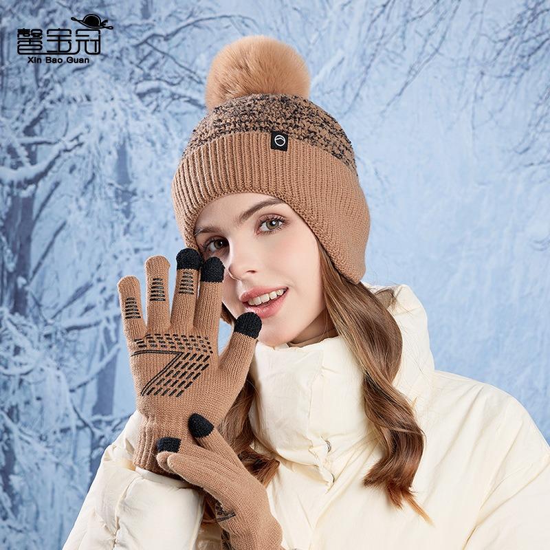 Winter plush ball, ear protection, pullover hat, touch screen gloves, hat, warm two-piece set, plush knitted wool hat, women