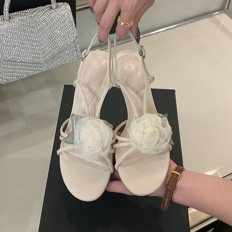 

Fashion Female Round Toe Footwear Flower Ladies Heeled Sandals Shoes Spring Summer Fashion Buckle Strap Women Medium Heels Sandals Shoes 35 бежевый