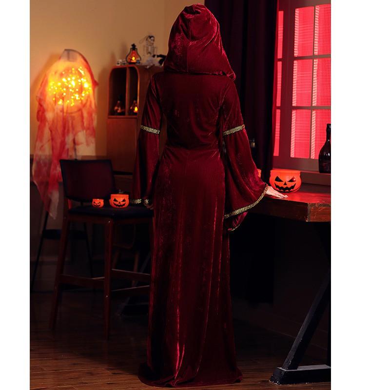 Halloween Costume Vintage European Medieval Gothic Dark Red Court Gown Stage Performance Dress Women