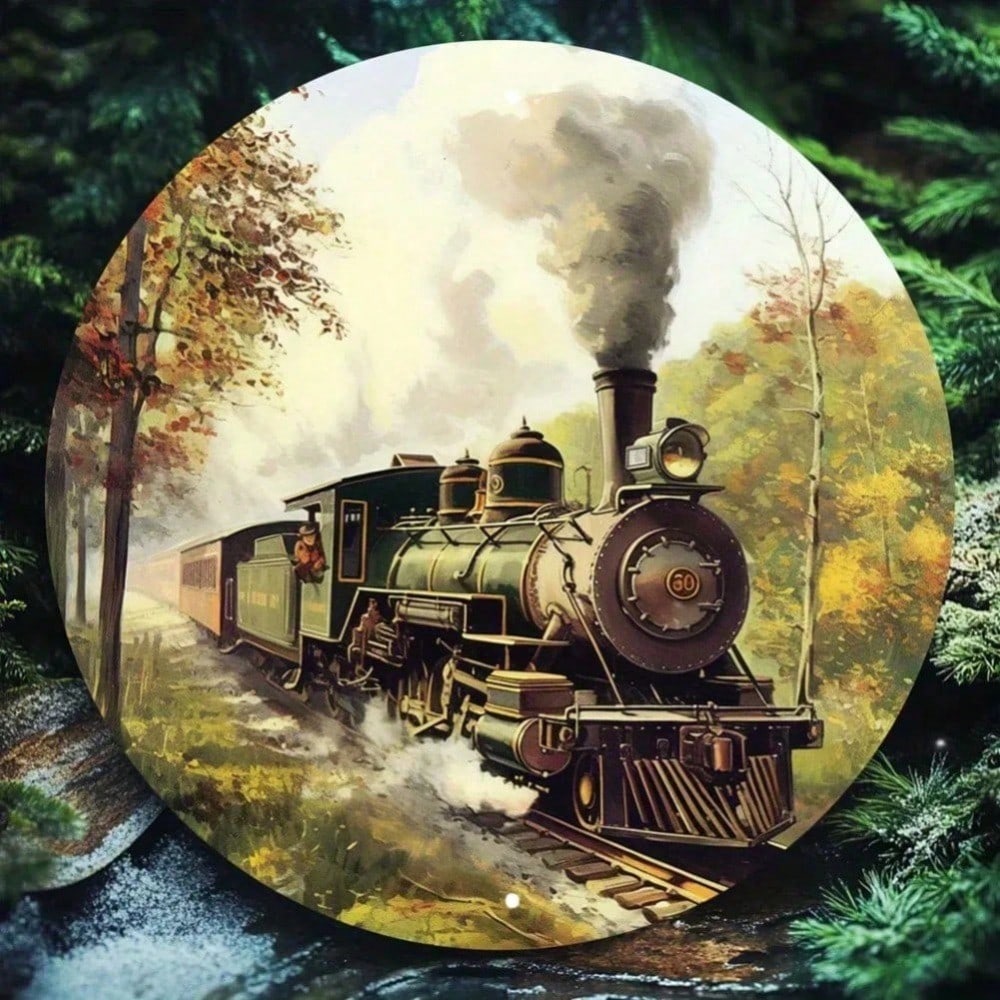 

Vintage Steam Train Metal Sign Round Rustic Aluminum Wall Decor For Living Room 20x20 разноцветный