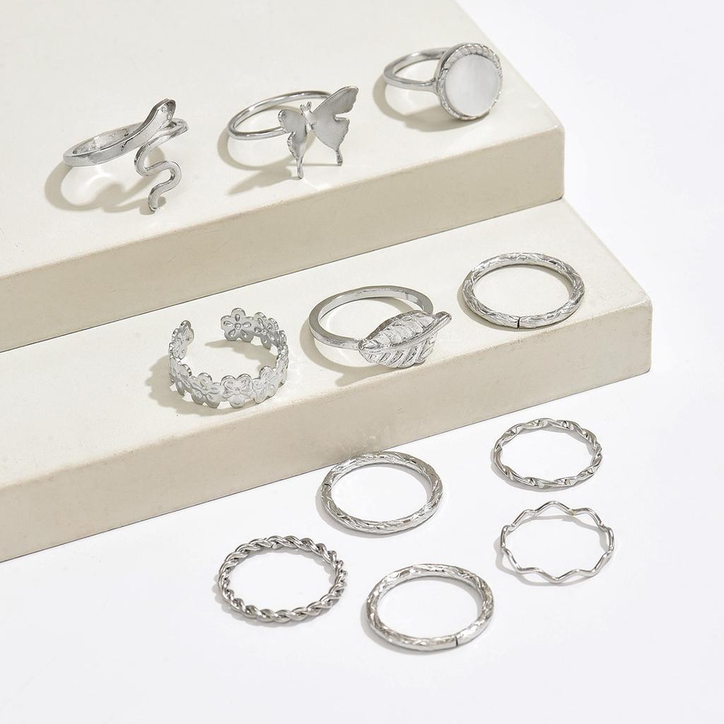 European and American simple retro flower butterfly ring set temperament versatile metal plain ring stacked hand jewelry women