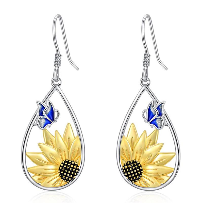 

New Forest Sunflower Droplet Eardrops for Women, Oil Butterfly Double Color Small Fresh Sunflower Zircon Zircon Accessories