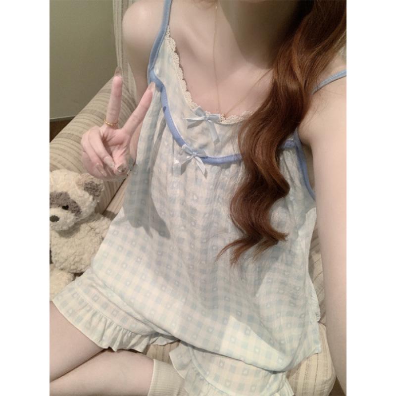 Korean Style Petite Women's Pajama Set with Chest Pads and Sweet Bow Summer Camisole, Suitable for Outdoor Wear