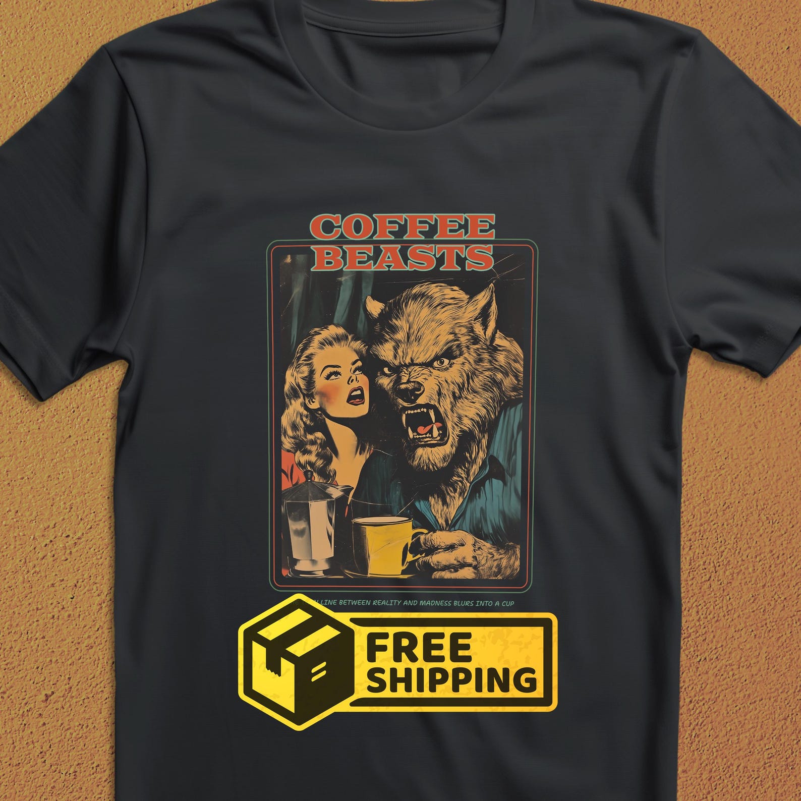 Retro Coffee Monster T-Shirt: Vintage Horror Comic Style S