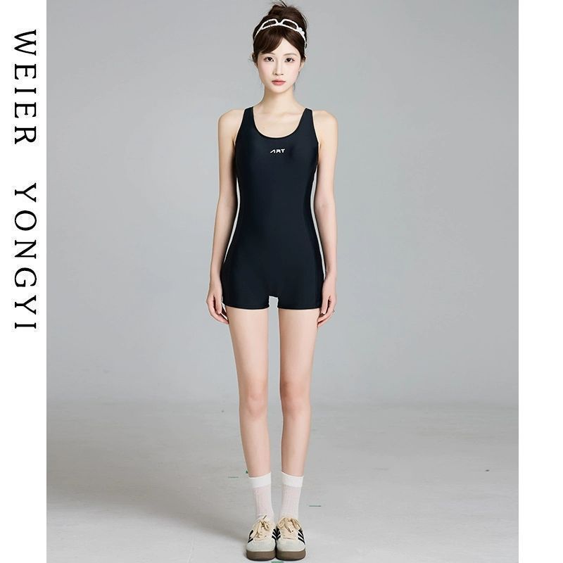 

Swimsuit for s swimming pool Conservative one-piece slim-fitting boxers Hot spring racing swimsuit M чёрный