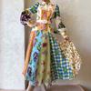 Women's Collar Long Sleeve Maxi Dress Slim Fit High Waist Colorful Patchwork Floral Print Boho Vacation Dress