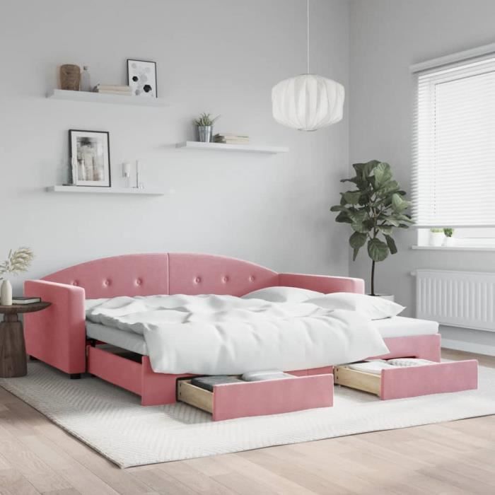 VidaXL Daybed with Trundle and Drawers Pink 100x200 Cm Velvet 3197359