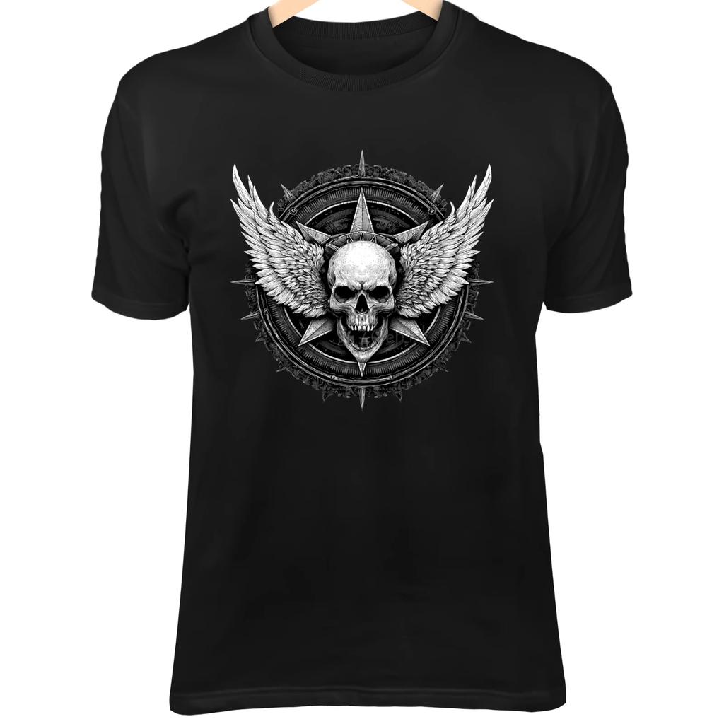 Winged Skull Badge III T-Shirt – Spiked Halo, Gothic Military Insignia