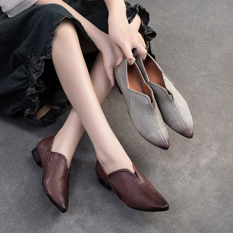 Johnature Ekte skinn Spiss tå Flats Komfortable myke såler Pendling Hverdagslige Damesko Slip-on