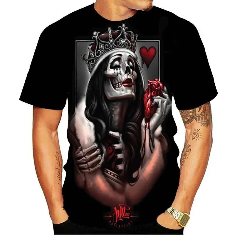 Summer Round Neck 3D Skull Beauty Pattern Print Top Fashionable Casual Short Sleeved Men's T-shirts