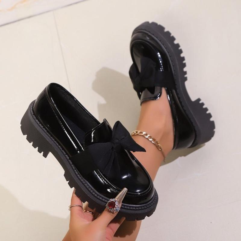 Women's Black Slip-On Loafers With Bow Detail, Thick-Soled Retro Casual Shoes.