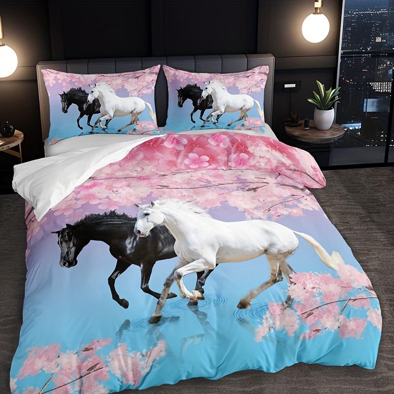 3pcs 3D Horse Floral Duvet Cover Set - Includes 1 Duvet Cover And 2 Pillowcases (No Core) High Definition Print Home