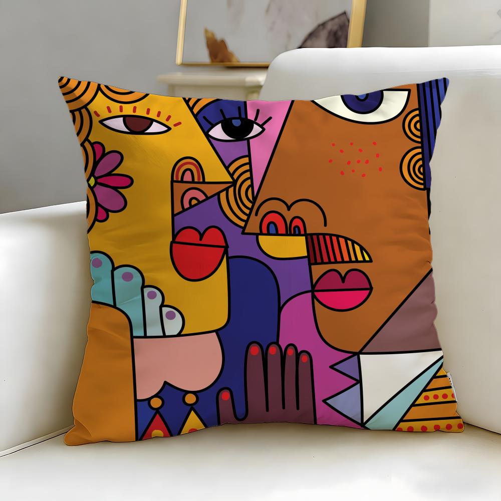 art theme Colorful Abstract Faces Cushion Cover Soft  EasyWash Pillow Case  Versatile for Couch Bed Travel and Office