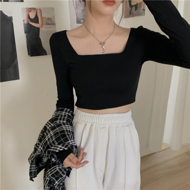 Square Neck Short Top Women's Base Shirt Long Sleeved T-shirt