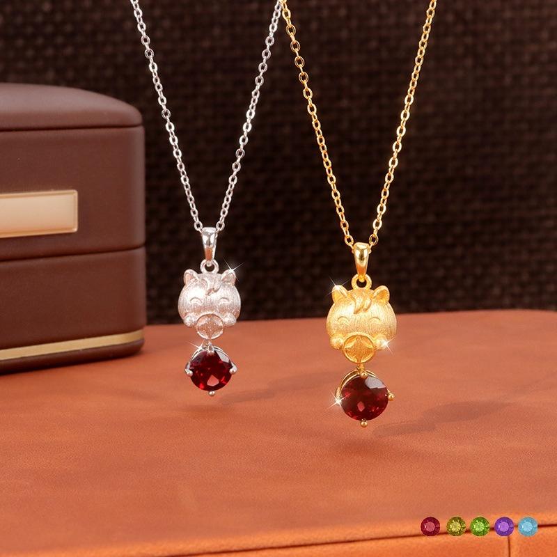 S925 Sterling Silver Horse Pendant Necklace Natural Crystal/Garnet Brushed Process Jewelry for Women