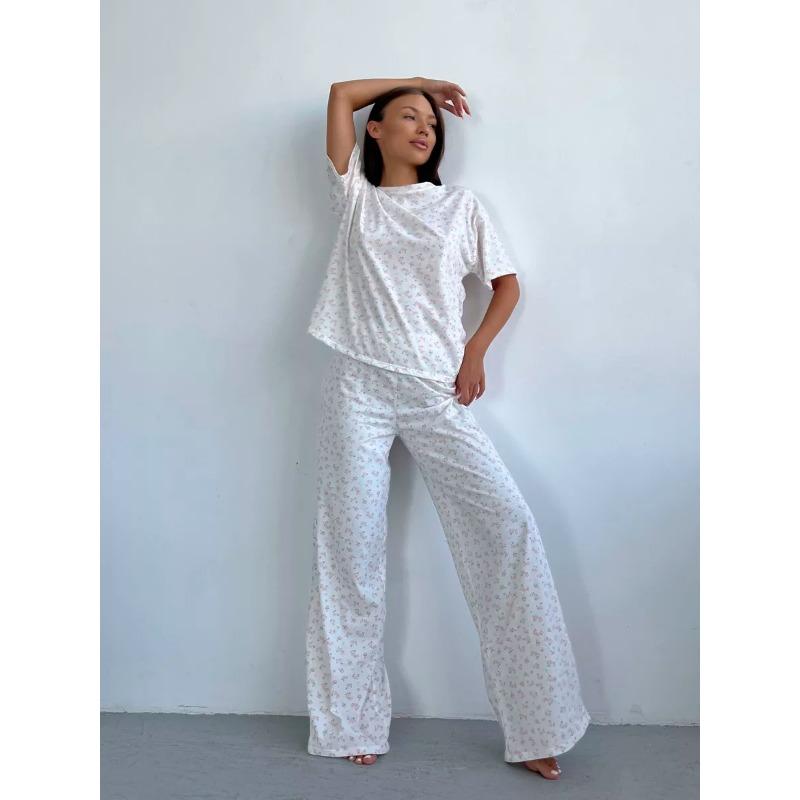 Spring Summer Pajamas Set for Women White Heart Print Short Sleeve Tops and Long Pants Sleepwear Casual Loose Soft Pyjamas Homewear