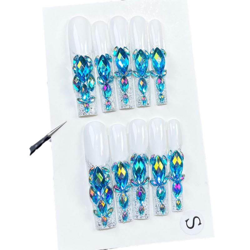 Handmade Full Rhinestone Press-On Nails Long Water Pipe Style French Design Sparkly Starry Sky Women
