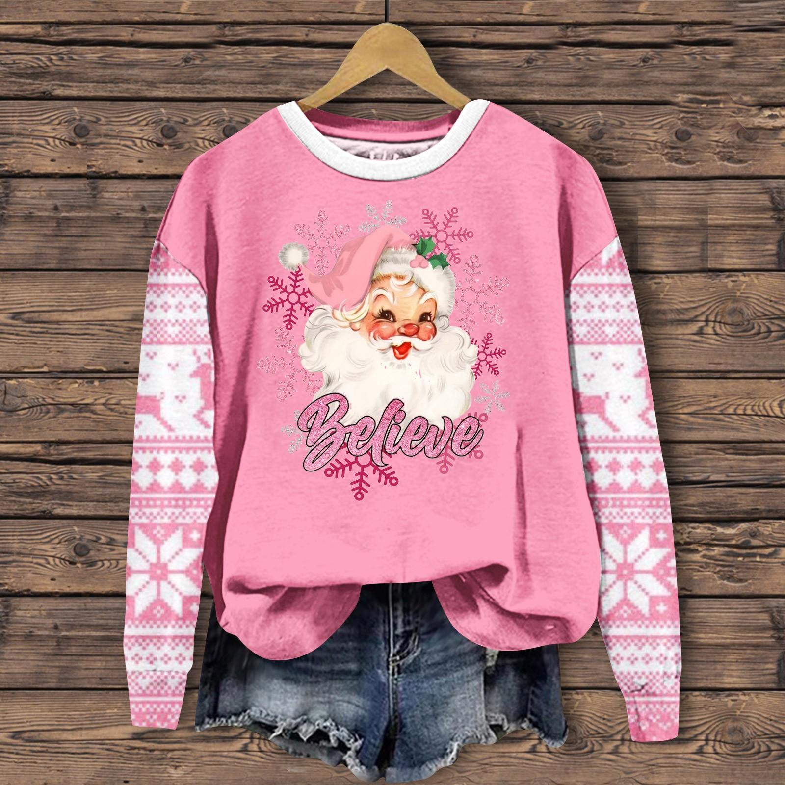 

Женская мода повседневная толстовка с длинным рукавом и принтом Санта-Клауса с круглым вырезом L