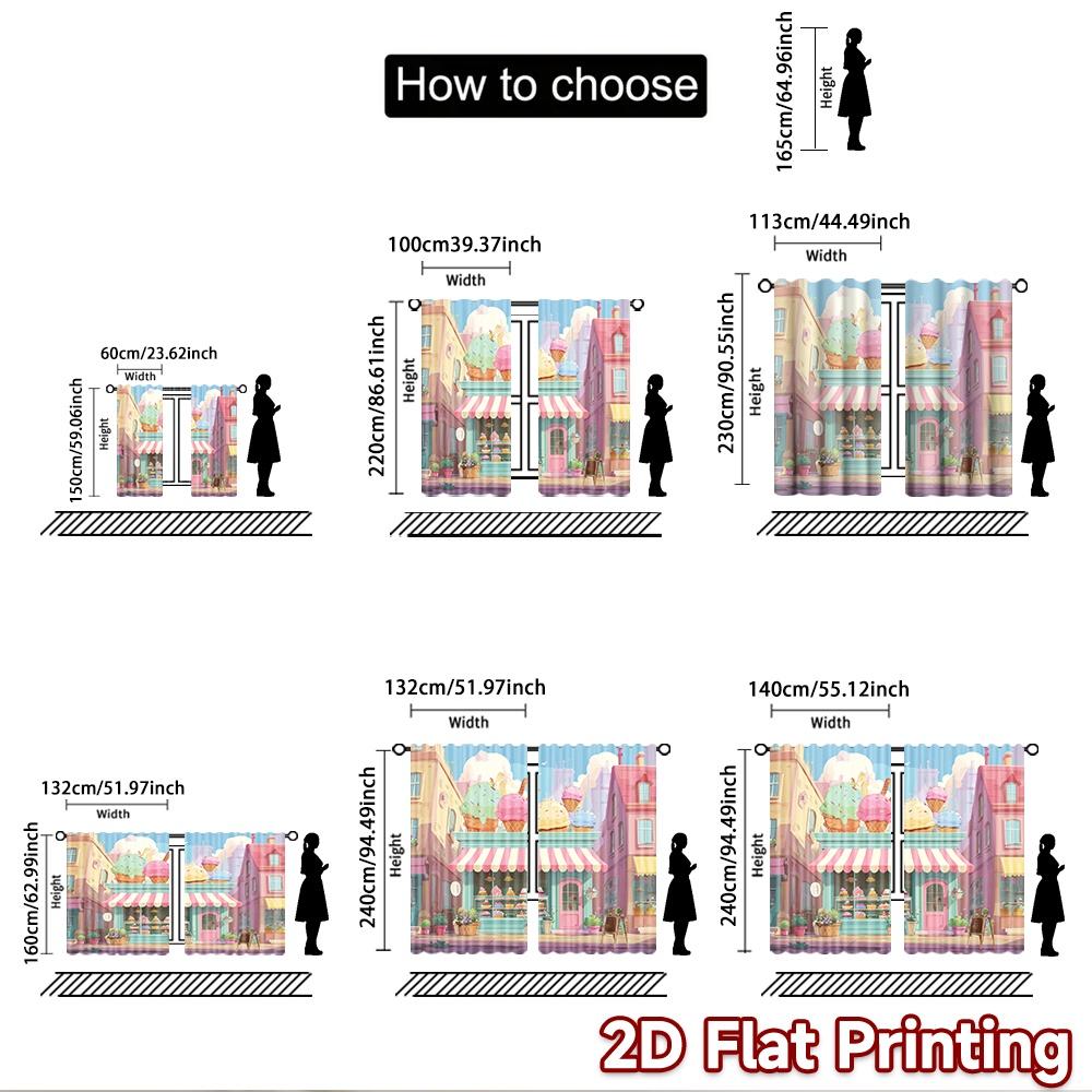 2D Flat Printing 2pcs Party Curtains Cute Cupcakes Kawaii Bakery Shop Digital Printed Polyester Drapes Seasonal Party & Holiday