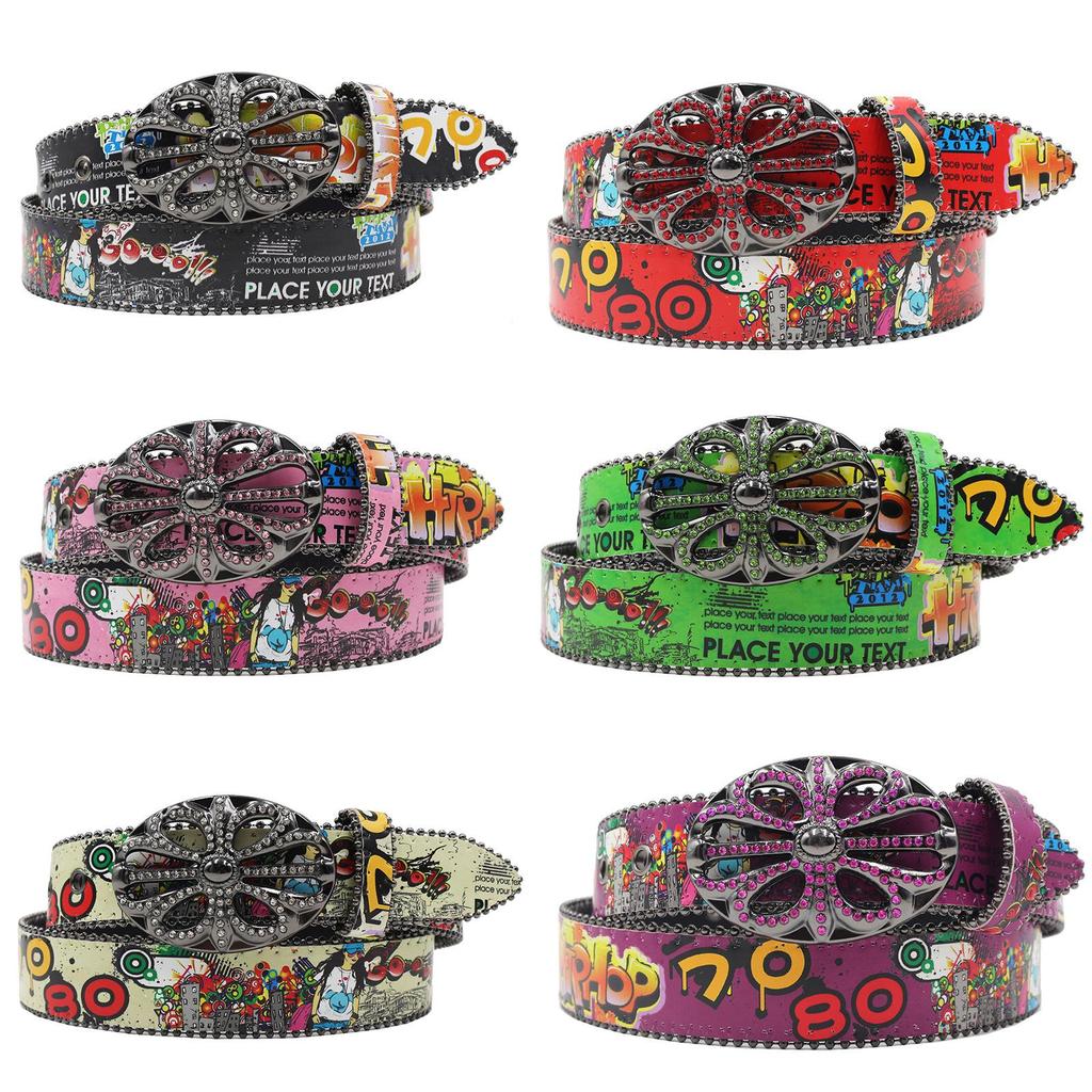 Croatian Rhinestone Graffiti Leather Y2K Belt: Versatile European & American Style