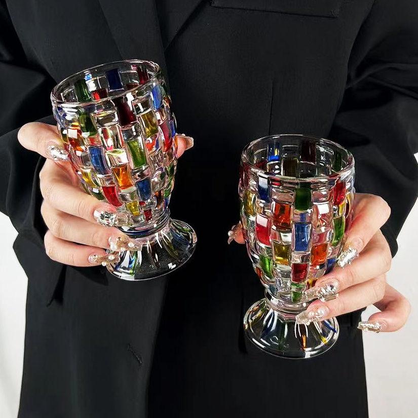 European-Style Hand-Painted Stained Glass Candy Jar Woven Pattern Fruit Bowl Contrast Vase Painted Juice Cup Whiskey Glass