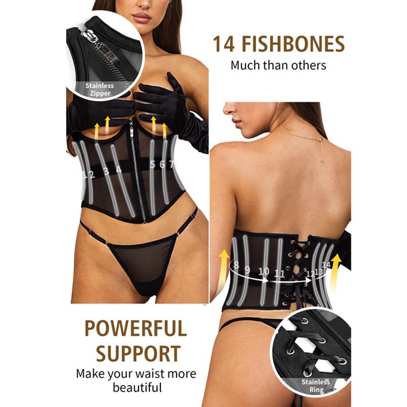 CINOON Schwarze Body-Shapewear für Damen, Gothic-Kleidung, Unterbrust-Taillenmieder, Trainer, Spitze, elastisch, sexy Fishbone-Korsetts und Bustier