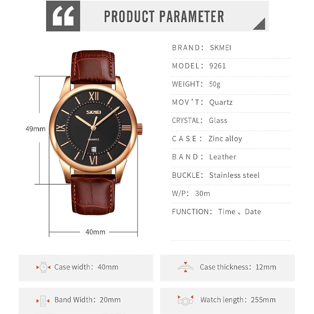 Classic Men's Analog Watch Brown Leather Band Waterproof Business Style