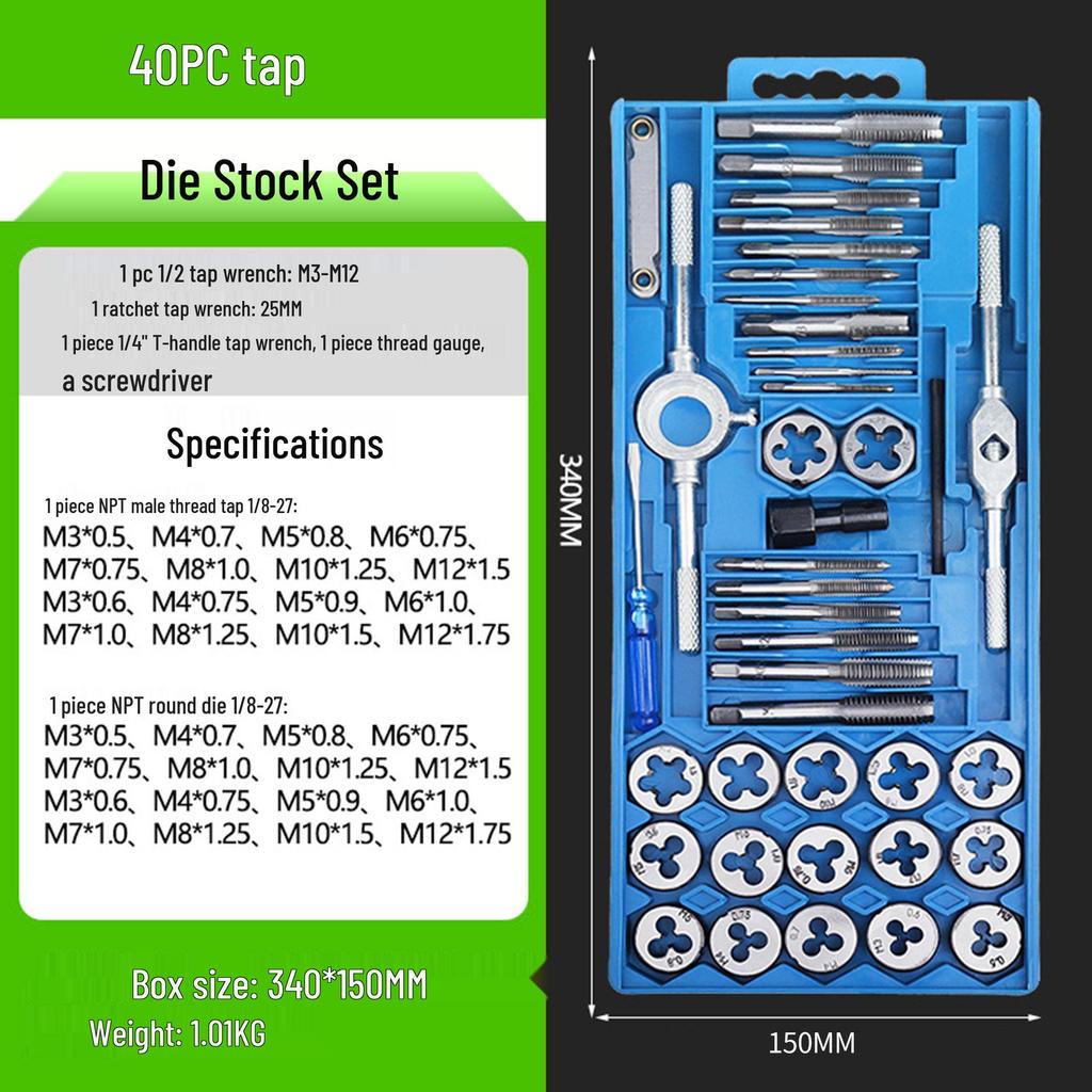 Complete Metric & Imperial Taper Tap and Die Set with Wrench & Round Die Holder