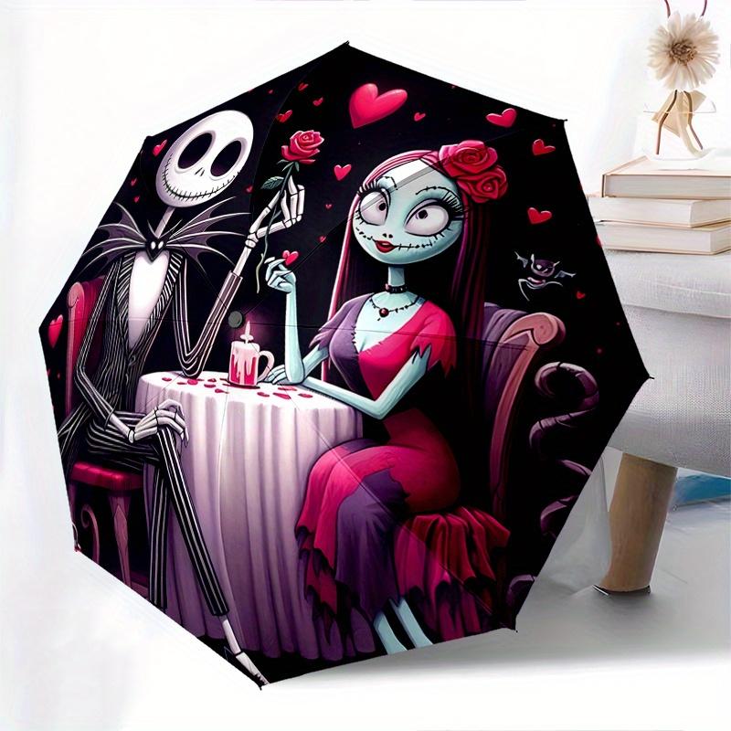 1 Automatischer Regenschirm mit 8 Speichen, Motiv Jack Skellington und Sally, Bunt, Tragbar, für Damen und Herren, Ein Kompakter Begleiter für den Weg zur Arbeit, Geeignet für Da
