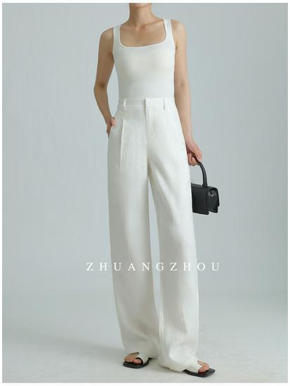 2026 Summer High-Waisted Wide-Leg Cotton Linen Pants White Casual Old Money Style Women