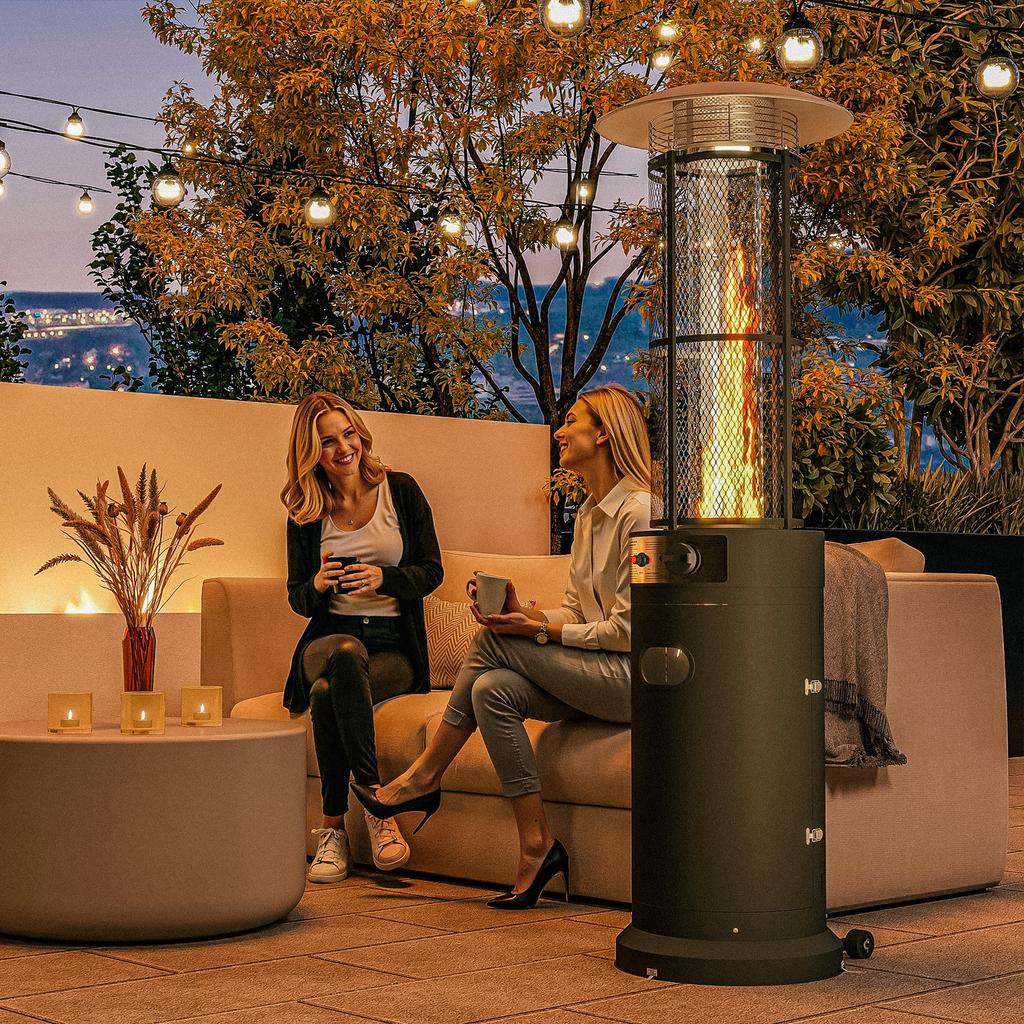 11 KW Freestanding Gas Patio Heater, Adjustable Outdoor Garden Propane Heater with Tip-Over Switch, Wheels, Pulse Ignition