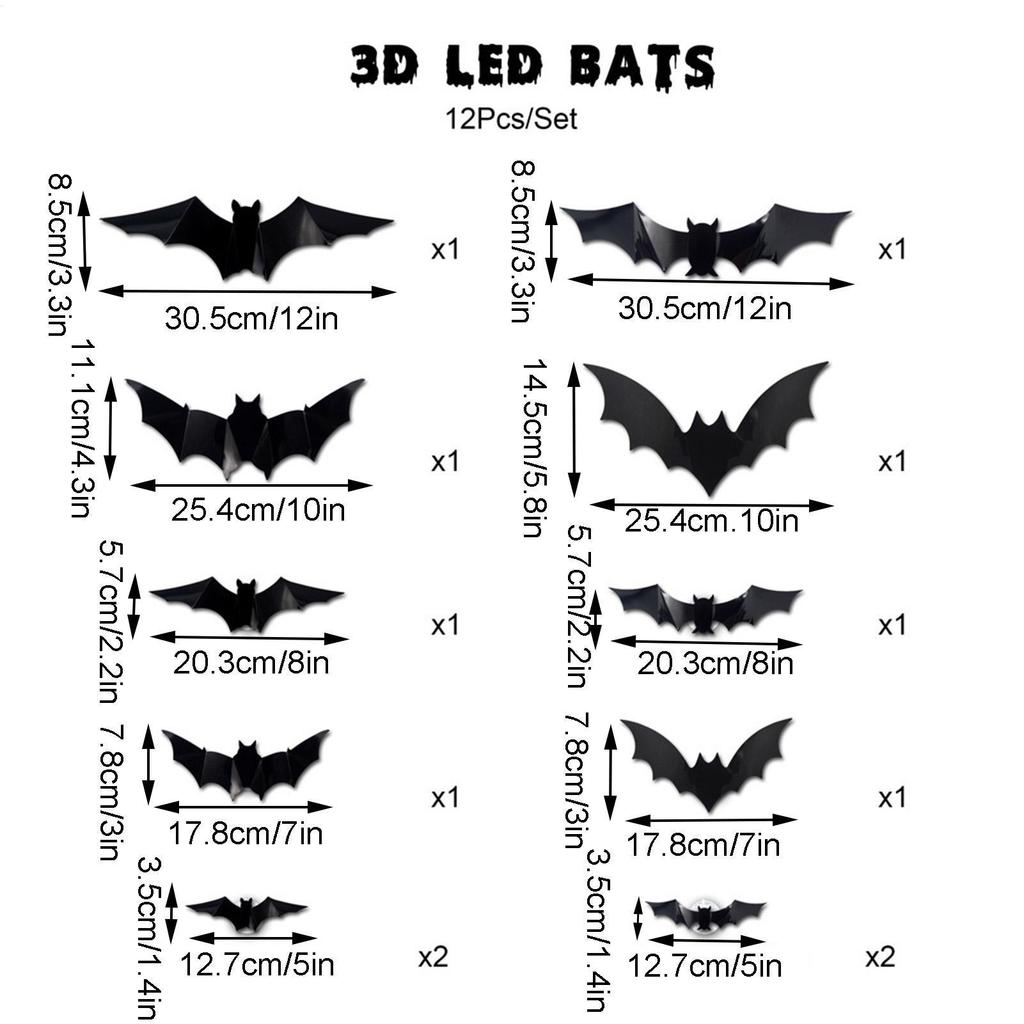 3D LED Bats Lighted 3D Bat Design LED Decoration 12 Pieces Wall Stickers Spooky Decals For Porch Window Living Room Bathroom