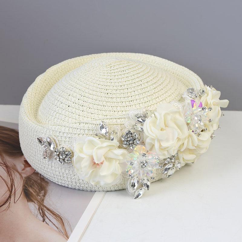 Women French Elegant Berets Fashion Rhinestone Flower Stewardess Hat for Cocktail Party Female Summer Travel Versatile Sun Hats