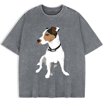 Russell Terrier Puppy Print Washed T-Shirts Mens Cotton Short Sleeve Tops Summer O-Neck Oversize T Shirt Basic Soft Clothes