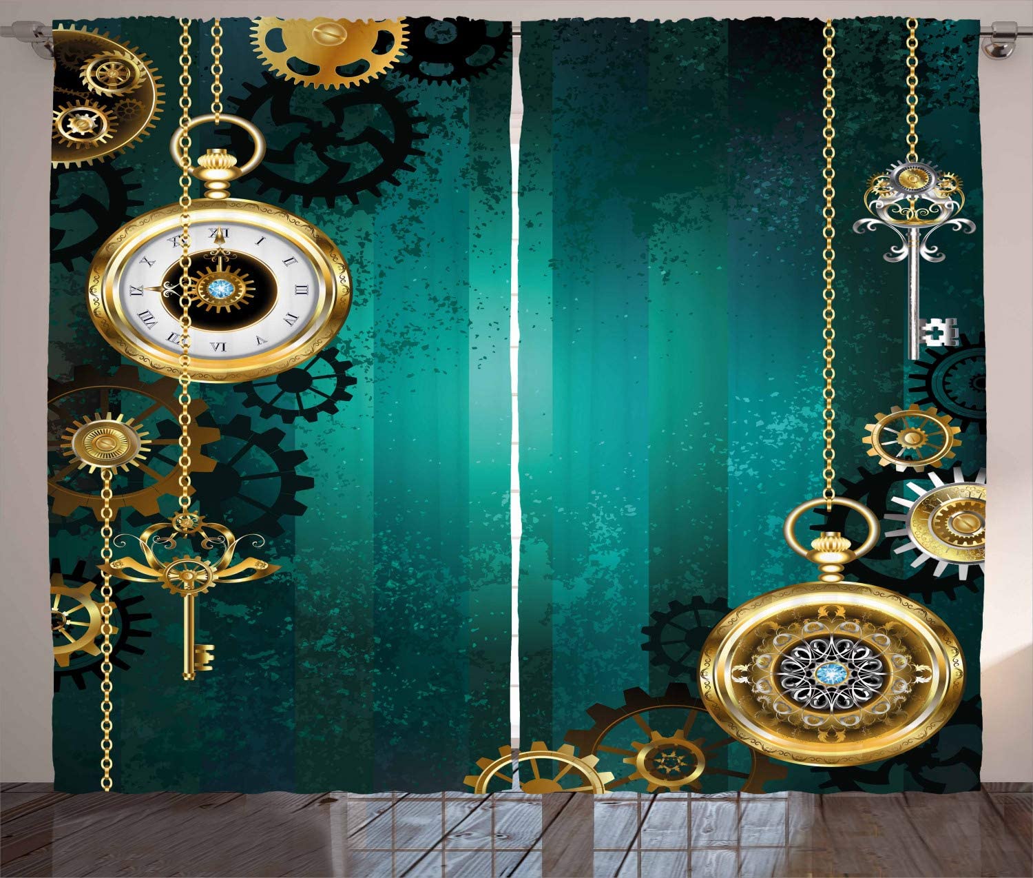 

Steampunk Antique Watches Keys Chains Illustration Curtains 2 Panel Set for Living Room Bedroom Window Drapes 100W130H(CM)40x51in&Hook