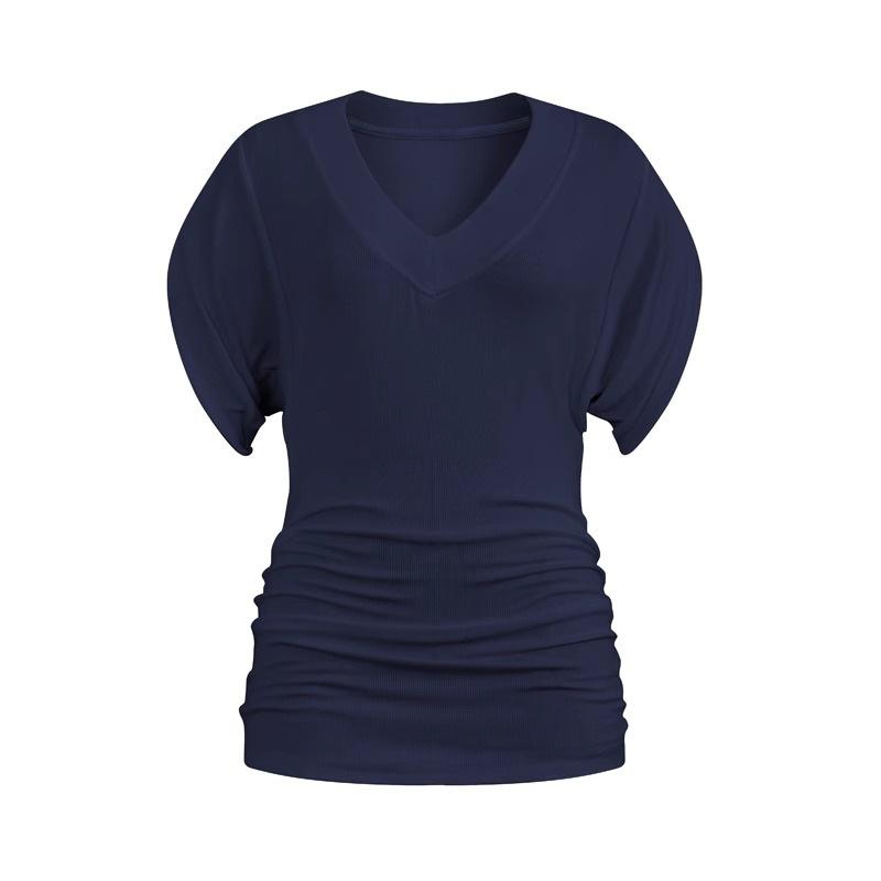 Lazy wind loose V-neck short-sleeved T-shirt women's large size bottoming shirt bat-sleeved blouse waist versatile solid color top