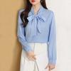 Women Shirt Lace-up Bowknot Collar Long Sleeve Casual Shirt Solid Color Loose Fit Chiffon Shirt Tops Daily Wear