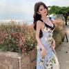 New Oil Painting Feeling Heavy Industry Splicing Lace Waist Floral Mesh Vacation Dress Women's Summer