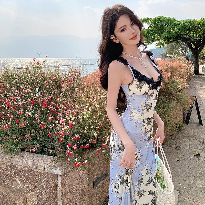 New Oil Painting Feeling Heavy Industry Splicing Lace Waist Floral Mesh Vacation Dress Women's Summer