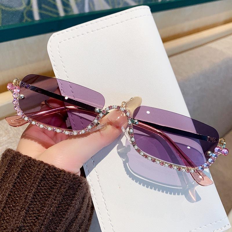 Vintage Half Rimless Sunglasses Women For Female Luxury Brand Designer Sun Glasses Punk Popular Diamond Metal Eyeglasses Uv