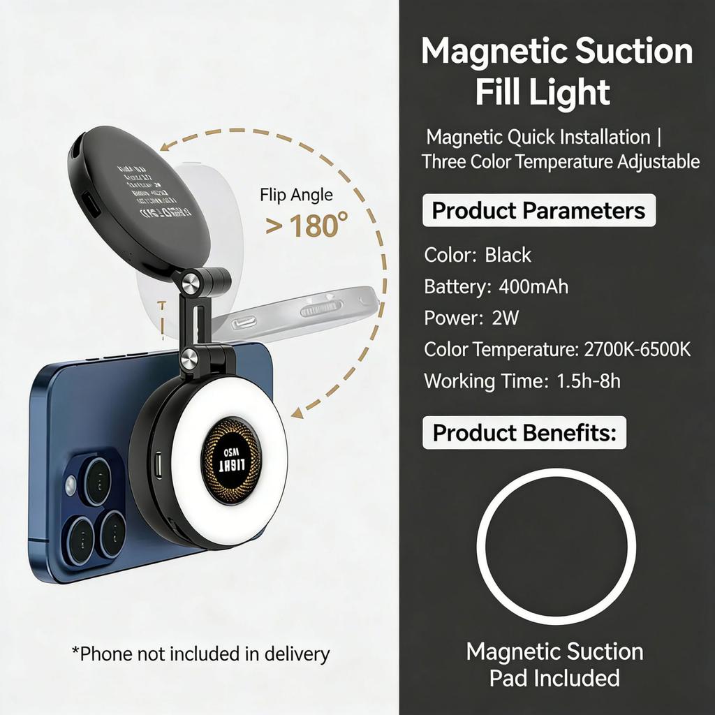 Portable Magnetic Clip-On LED Fill Light for Mobile Phones Adjustable Brightness Selfie Pocket Light for Outdoor Live Streaming and Video Recording