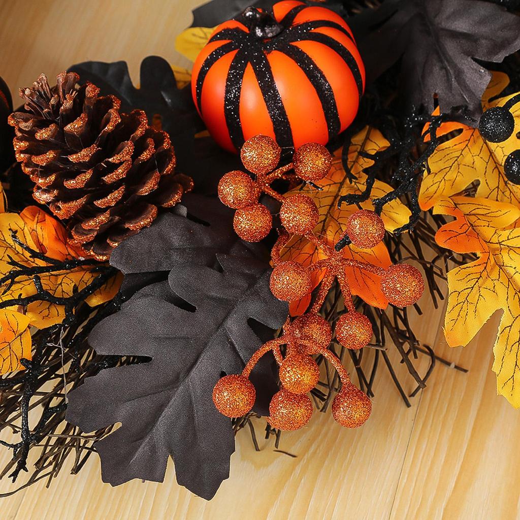 Halloween Pumpkin Wreath Autumn Door Wreath Thanksgiving Handmade Black Maple Leaves Pumpkin Halloween Holiday Decoration