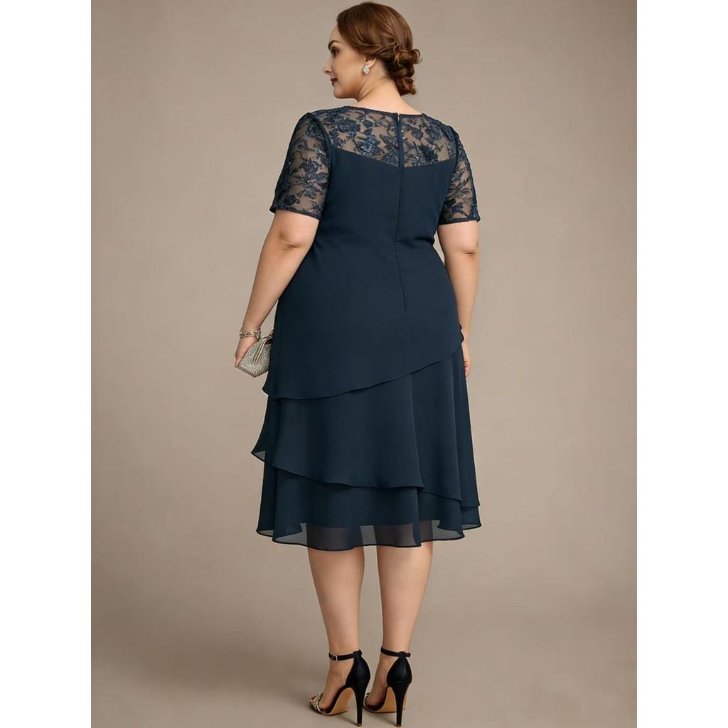 Nuovo Vestito da Donna Taglie Forti in Chiffon con Intarsi in Pizzo Traforato Manica Corta Vestibilità Aderente per il Lavoro e il Tempo Libero