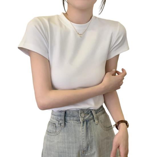Women Slim Fit T-shirt O-neck Short Sleeve Pullover Tops Solid Color Stretchy Soft Tee Shirt Streetwear